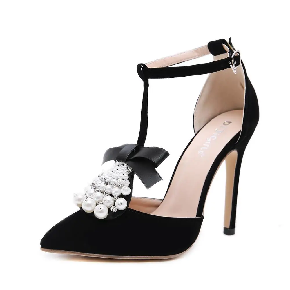 

Fashion Pointed Rhinestone Bow Women's Sandals 2020 Summer New Pearl Sexy High Heels Buckle Shallow Solid Color Black Shoes