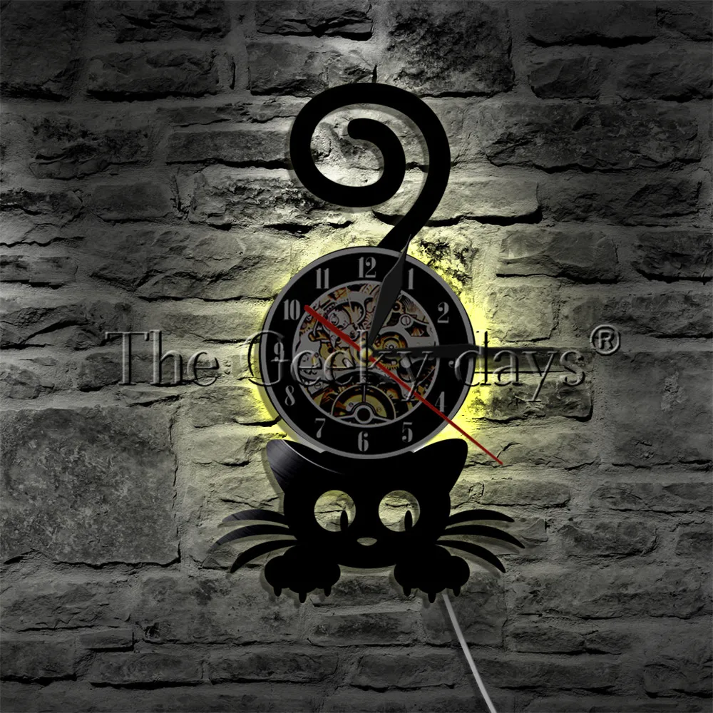 Черная кошка виниловых пластинок настенные часы Wall Art котят Животные ПЭТ декор