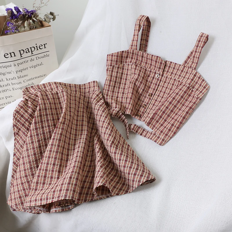 2019 new fashion women's two piece set Plaid suit strapless vest+skirt two-piece female | Женская одежда