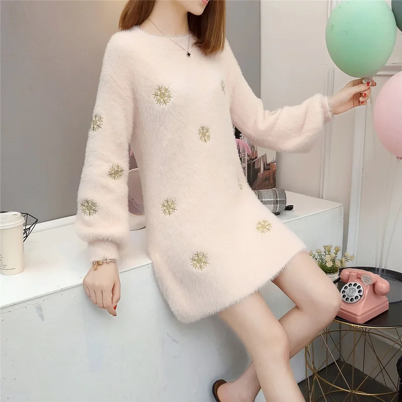 Autumn New Sweater Women O-Neck Pullover Imitation Velvet Long Loose Snowflake Embroidered Lantern Sleeve Knitted MZ3155 |