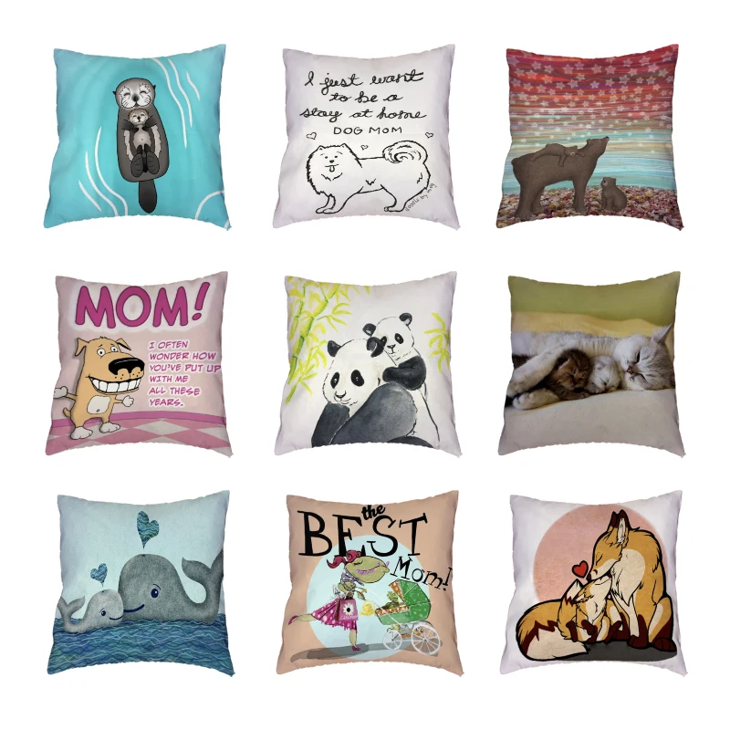 

Happy mother's day White Cushion Covers Bear French Bulldog Home Decor Sofa Polyester Peach Skin Pillow Cases The Best Mom Gifts