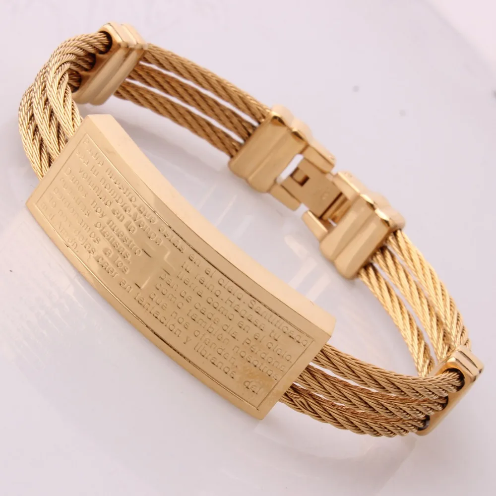 Fashion Gift Stainless Steel Gold Tone Cross Bible 3 Rows Cable Wire Rope Chain Cuff Bangle Bracelets Mens Womens Jewelry 7.67&quot |