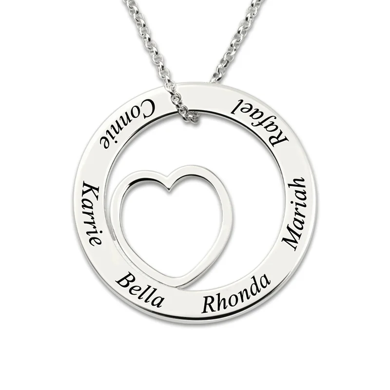 

AILIN Engraved Silver Love Circle Necklace White Gold Color Personalized Necklace Family Name Jewelry for Grandma