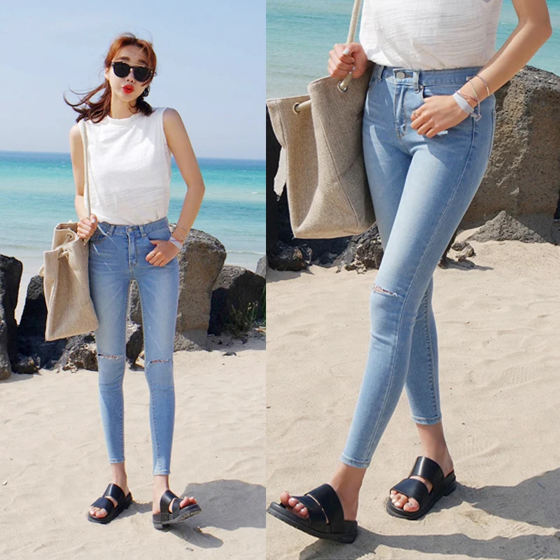 Occasion New Arrival Fashion Korean Style Waisted Slim Jeans Vintage hole Skinny Woman Cotton Denim Pencil Pants Plus Size |