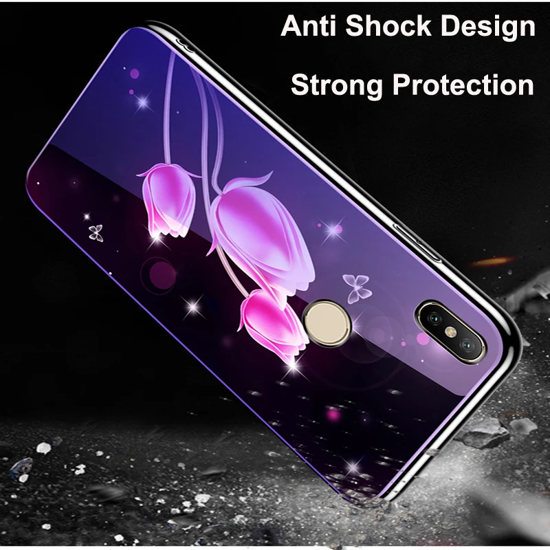 Cover For xiaomi mi Mix 2s case flower blue Tempered Glass back cover Mix2s phone cases 2 s protective casing | Мобильные телефоны