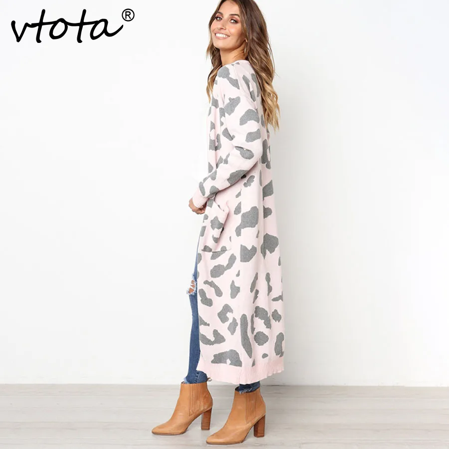 VTOTA 2018 Autumn Outwear Coats Women Cardigan Long Leopard Knitted Sleeve Sweater Overcoat For Female C20 |