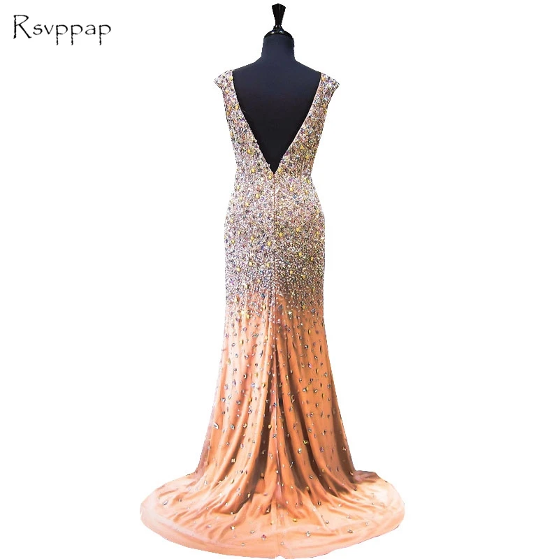 Long Sparkly Prom Dresses 2021 Luxury Mermaid V-neck Beaded Crystals Floor Length Backless Champagne African Prom Dress