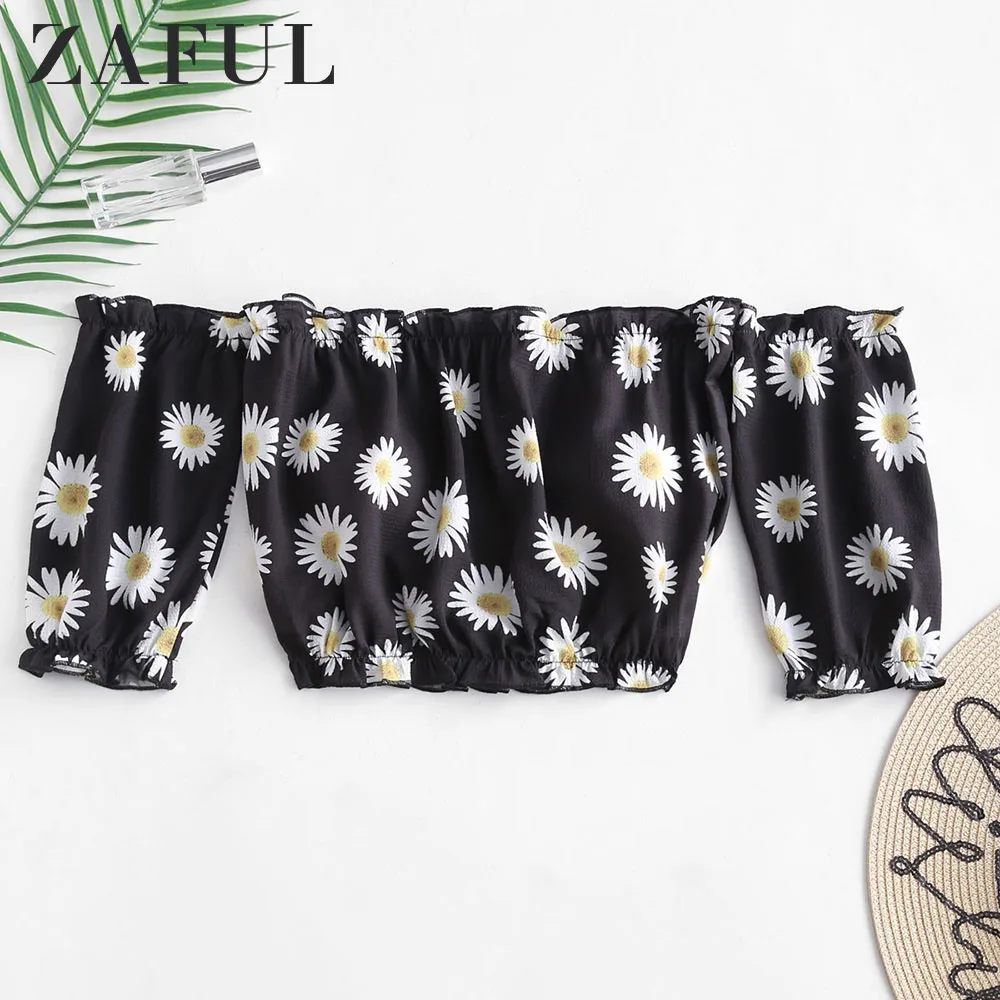ZAFUL Укороченный топ с ромашкой и принтом плеча Сексуальный половиной рукавом