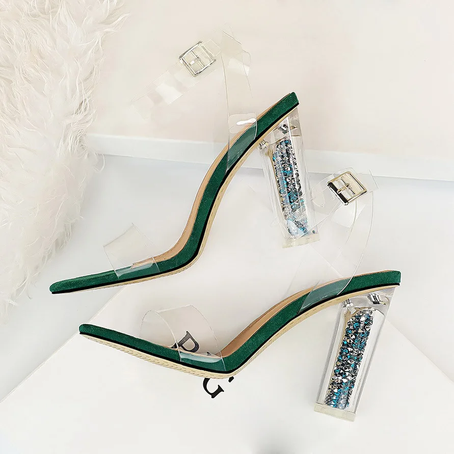 Женские Классические босоножки на высоком каблуке 11 см; большие размеры 43; цвет желтый, синий; прозрачная Летняя обувь; Зеленые блестящие туфли-лодочки на каблуке