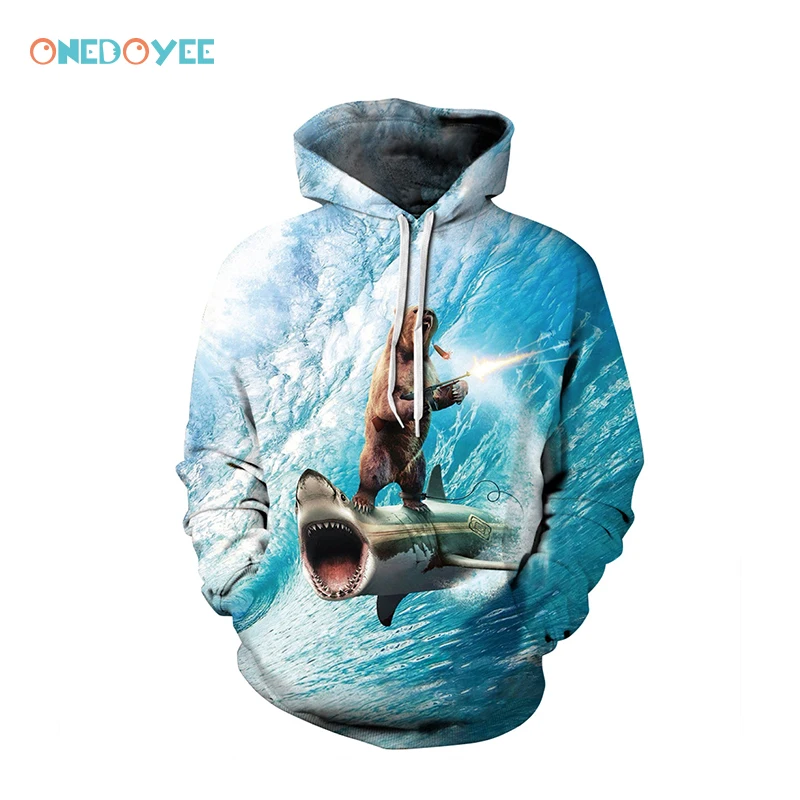 Onedoyee Новый Забавный акулы и Медведь 3D Толстовки Для мужчин Уличная толстовки