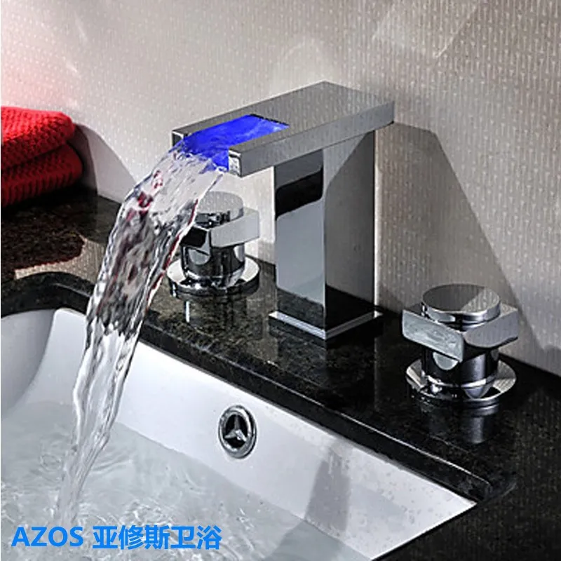 

Color Change LED Chrome Waterfall 3 Holes Sink Faucets Hot and Cold Water Mixer Tap Bathroom Basin Faucet MPSK013B