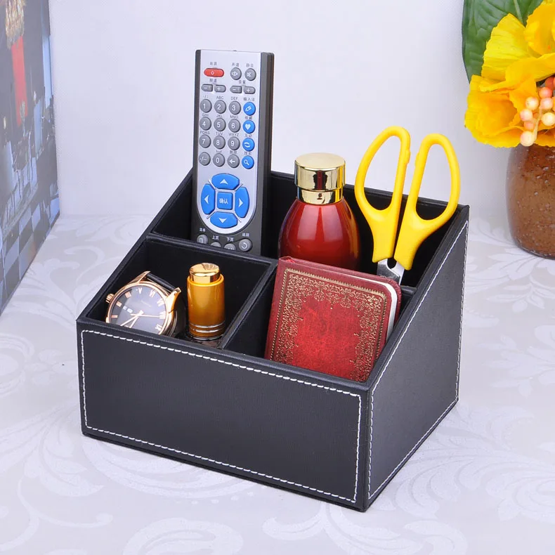 

3-slot wood structure leather desk organizer storage box for cosmetics sundries stationery pen pencils holder black 204A