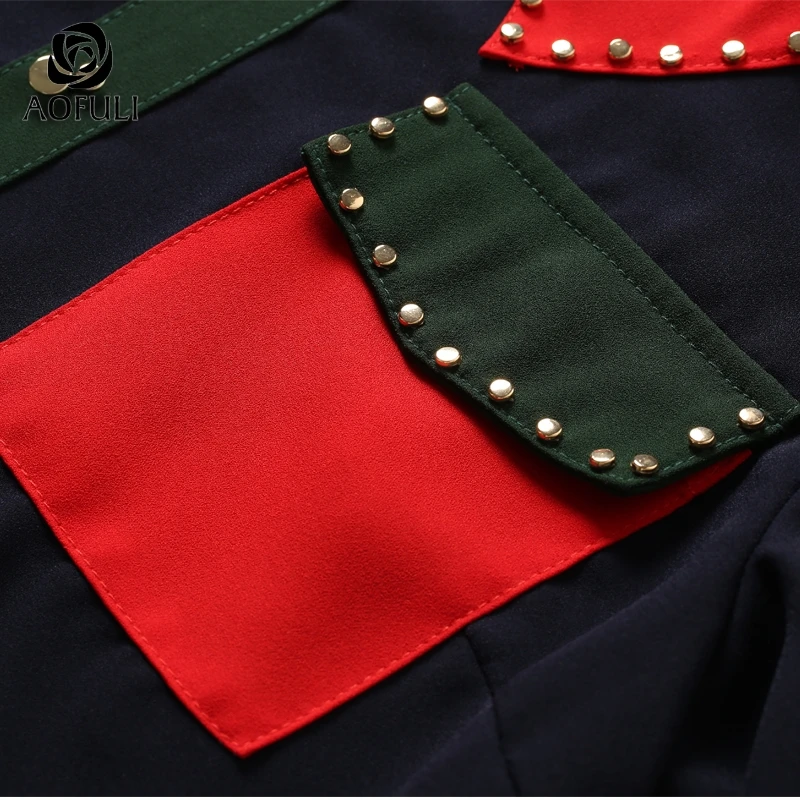 AOFULI L- 3XL 4XL 5XL Rivet Plus size blue shirt Autumn long sleeve blouse Contrast patchwork women pocket tops A3698 |