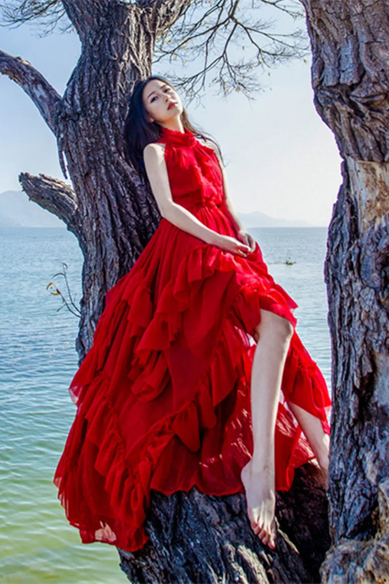 Мальдивский красный Sen девочка нерегулярные листья бархатное платье морской