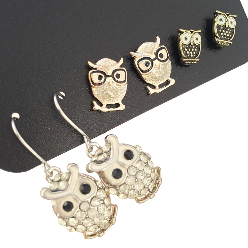 3 пары серьги гвоздики в виде совы|Серьги-гвоздики| |