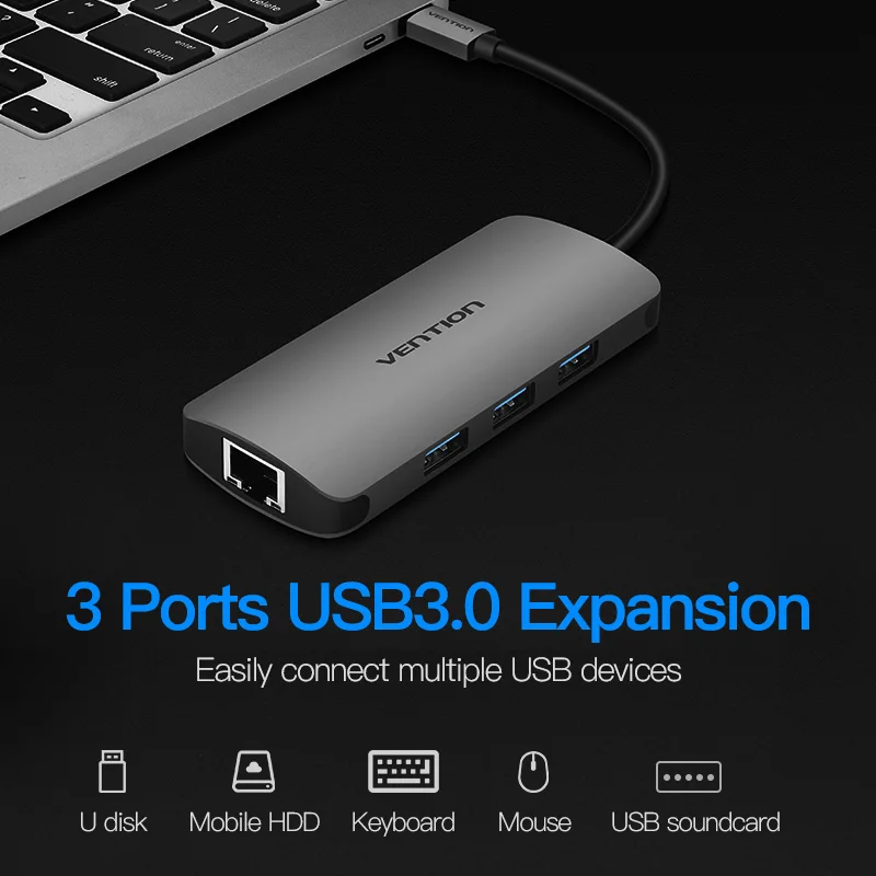 Vention USB C Ethernet адаптер usb-концентратор 3 порта конвертер Тип C 3,0 USB к RJ45 Соединительная плата локальной компьютерной сети для Macbook USB Ethernet-коммутатор