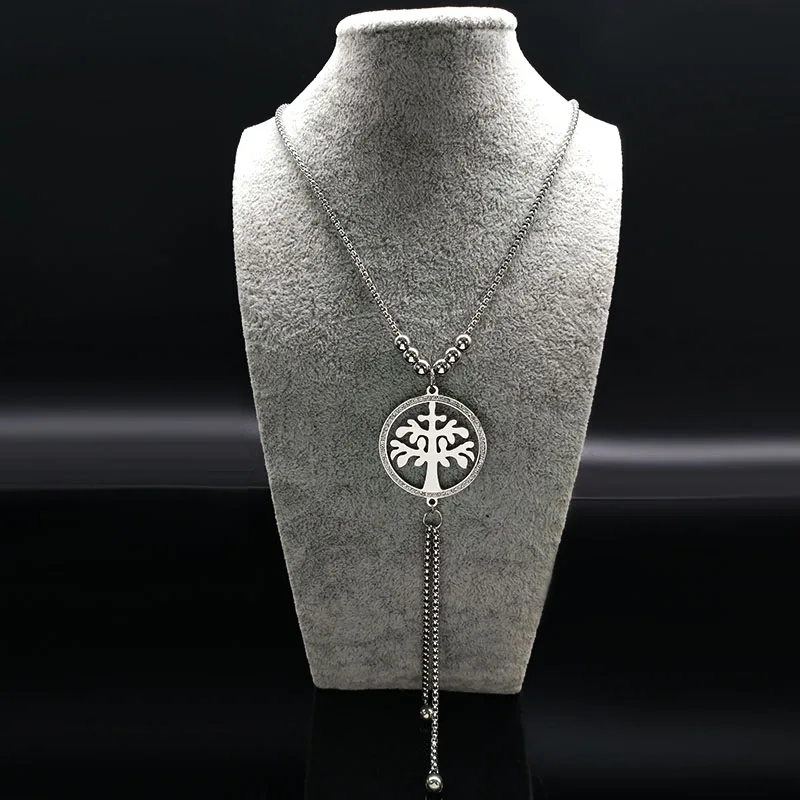 B 70cm6bead Модное длинное женское ожерелье из нержавеющей стали с деревом жизни серебряного цвета ожерелья с кристаллами ювелирные изделия bisuteria N18026 - Окраска металла: B 70cm6bead