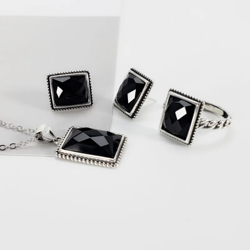 

Guaranteed s925 Silver Jewelry Set Retro Vintage Square Shape For Women With Natural Stone Earrings Necklace and Ring