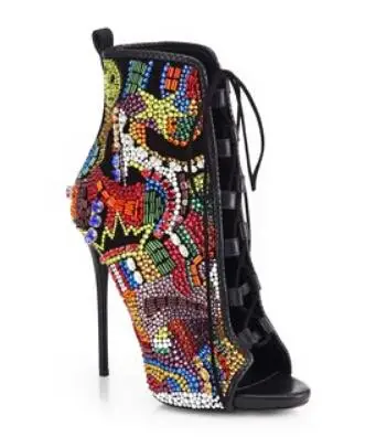 

Hot Sexy Lace-up Booties Colorful Crystal Covered Open Toe High Heel Sandal Boots Celebrity Rhinestones High Heel Ankle Boots