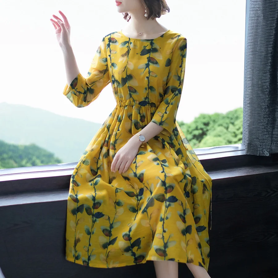 2019 New Vintage Yellow Floral Silk Midi Dresses Summer 3XL Plus Size Print Two-piece Set Bodycon Sundress Elegant Women Vestido | Женская
