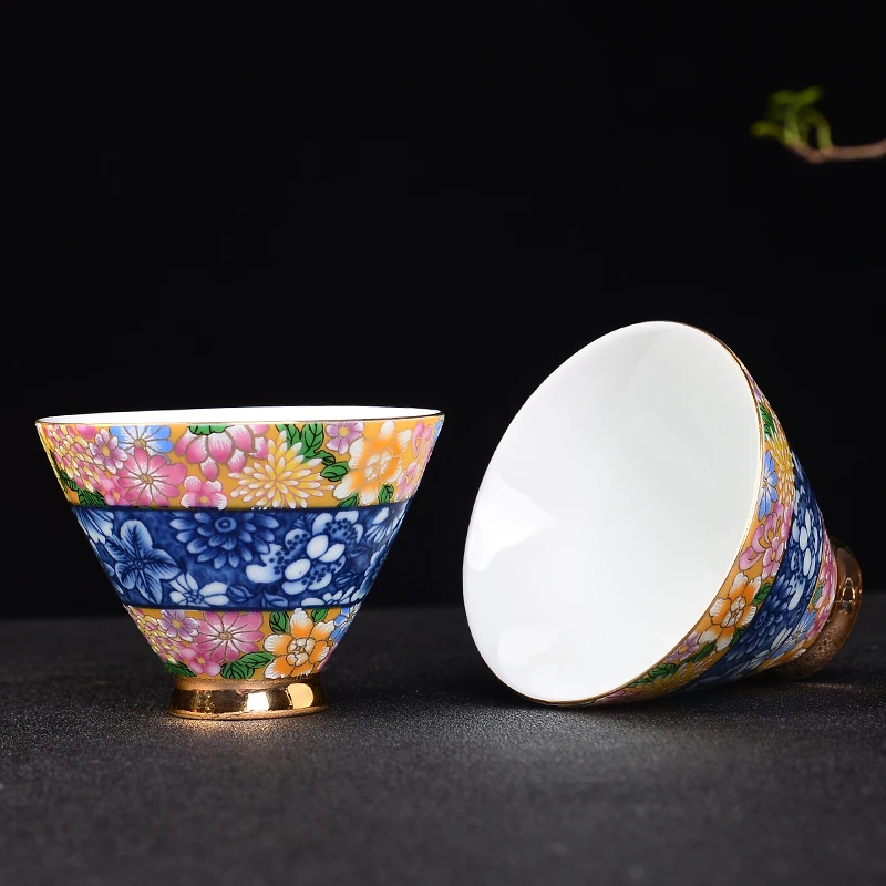

50/55cc Chinese Style Ceramic Teacups Hand Painted Hibiscus Flower Small Tea Bowls Office Tea Ceremony Drinkware Cups Teaware