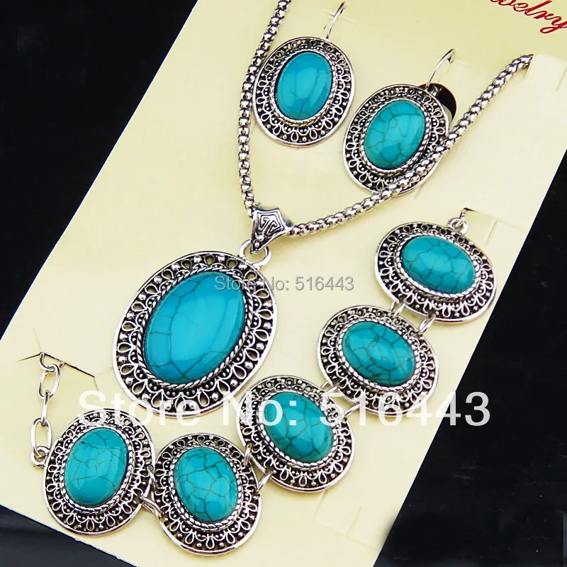 Лидер продаж античное серебро бирюза большие овальные полые серьги браслет