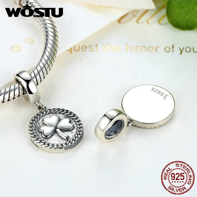 Wostu Новое поступление Настоящее серебро 925 пробы счастливый кулон в виде клевера