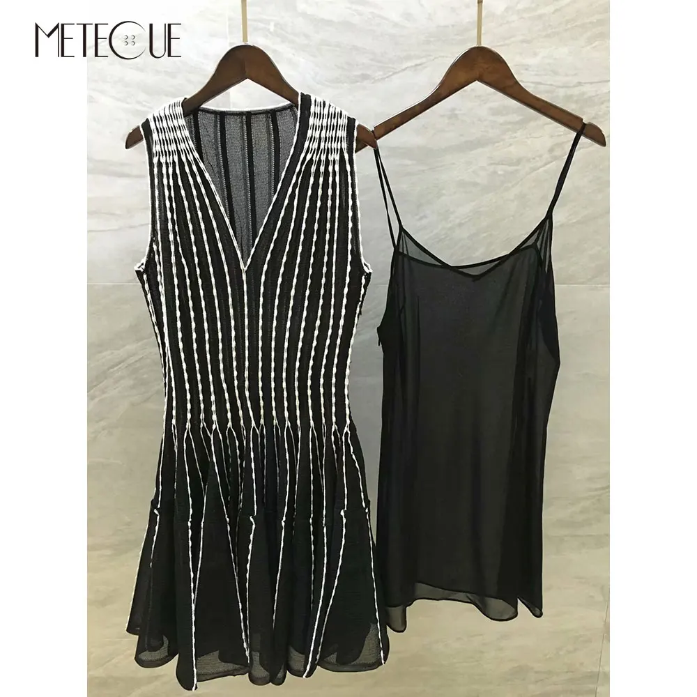 Черный и белый вязаный комплект из 2 предметов: платье с 100% шелковая подкладка 2019