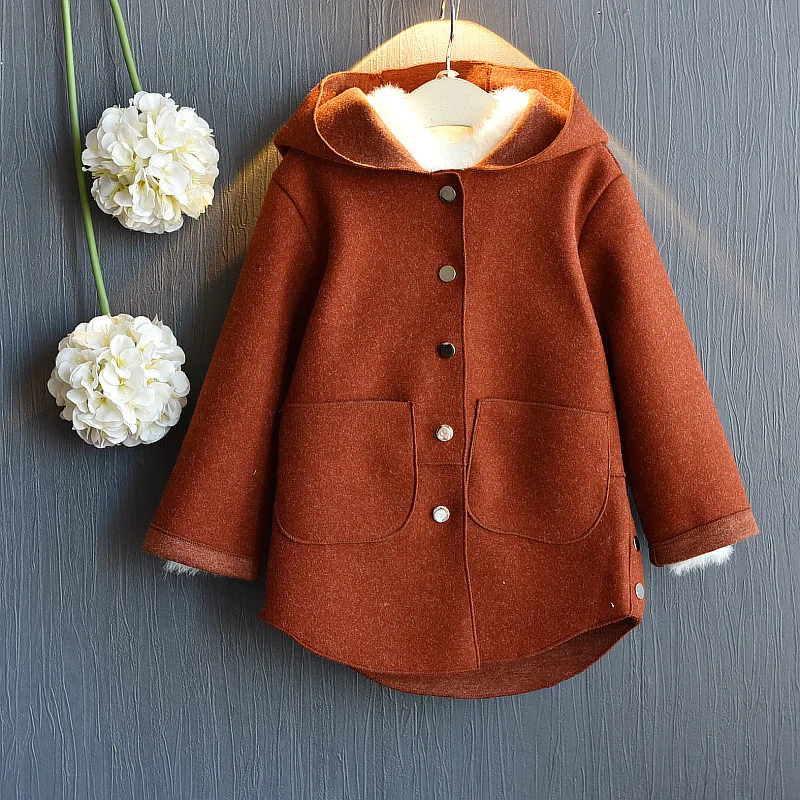 Шерстяное пальто для девочек зимние корейские худи маленьких Длинные куртки