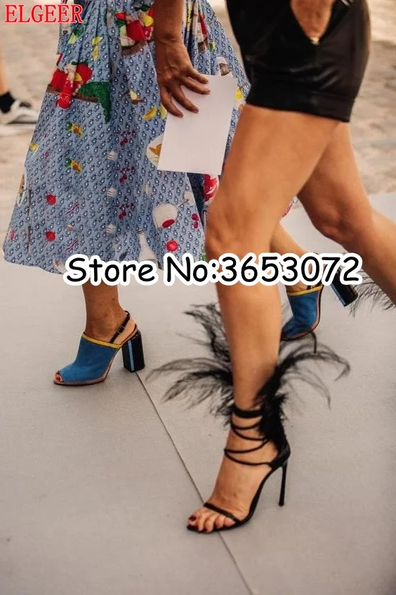 Белые черные сандалии на ремешках с открытым носком и меховым пером Брендовые