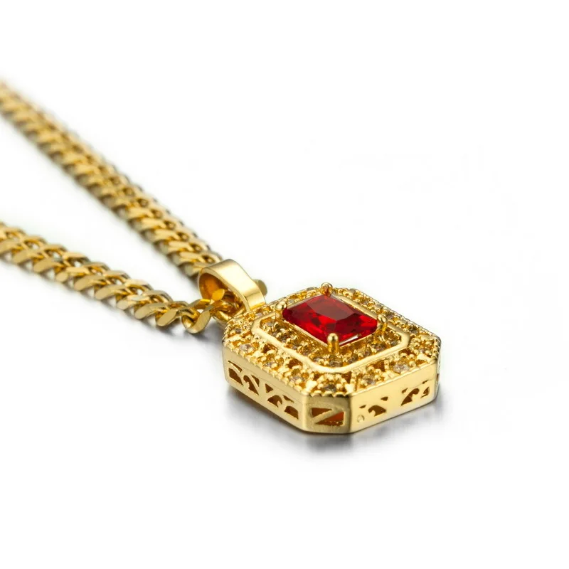 Small Gold Charm Green Black Red Gem Pendant Necklace Zircon Stone Stainless Steel Link Chain Hip Hop for Men Women Jewelry | Украшения и