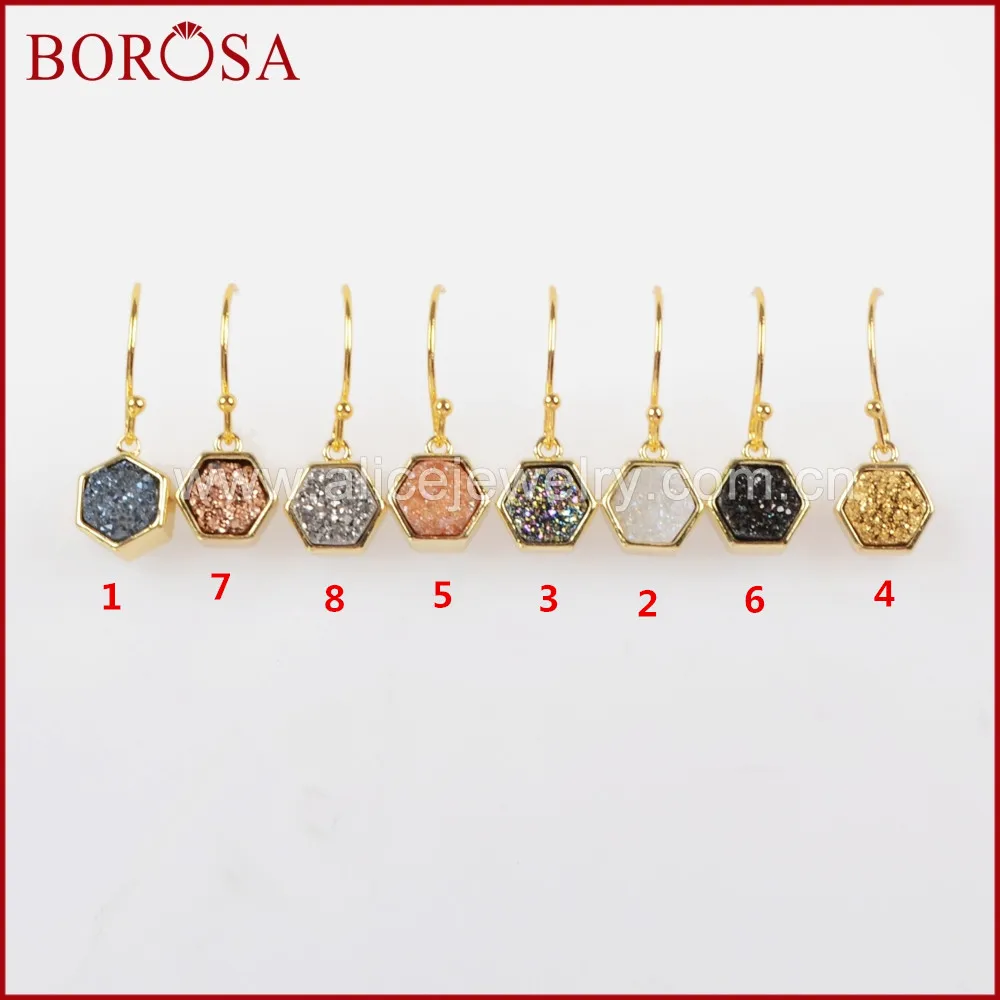 

BOROSA 5Pairs Drusy Dangle Earrings for Women,Gold Electroplated Edge Hexagon Rainbow Titanium Druzy Charm Drop Earrings ZG0159