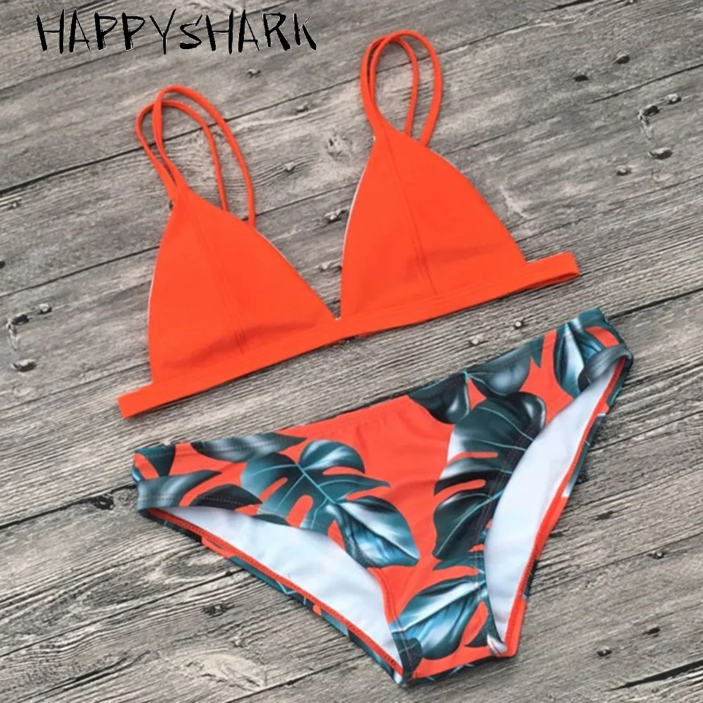 HAPPYSHARK 2018 Women Bikinis Set Palm Leaves Printed Bottom Swimwear Brazilian Biquinis Solid Top 2 Pcs Swimsuit Red Blue Orang |