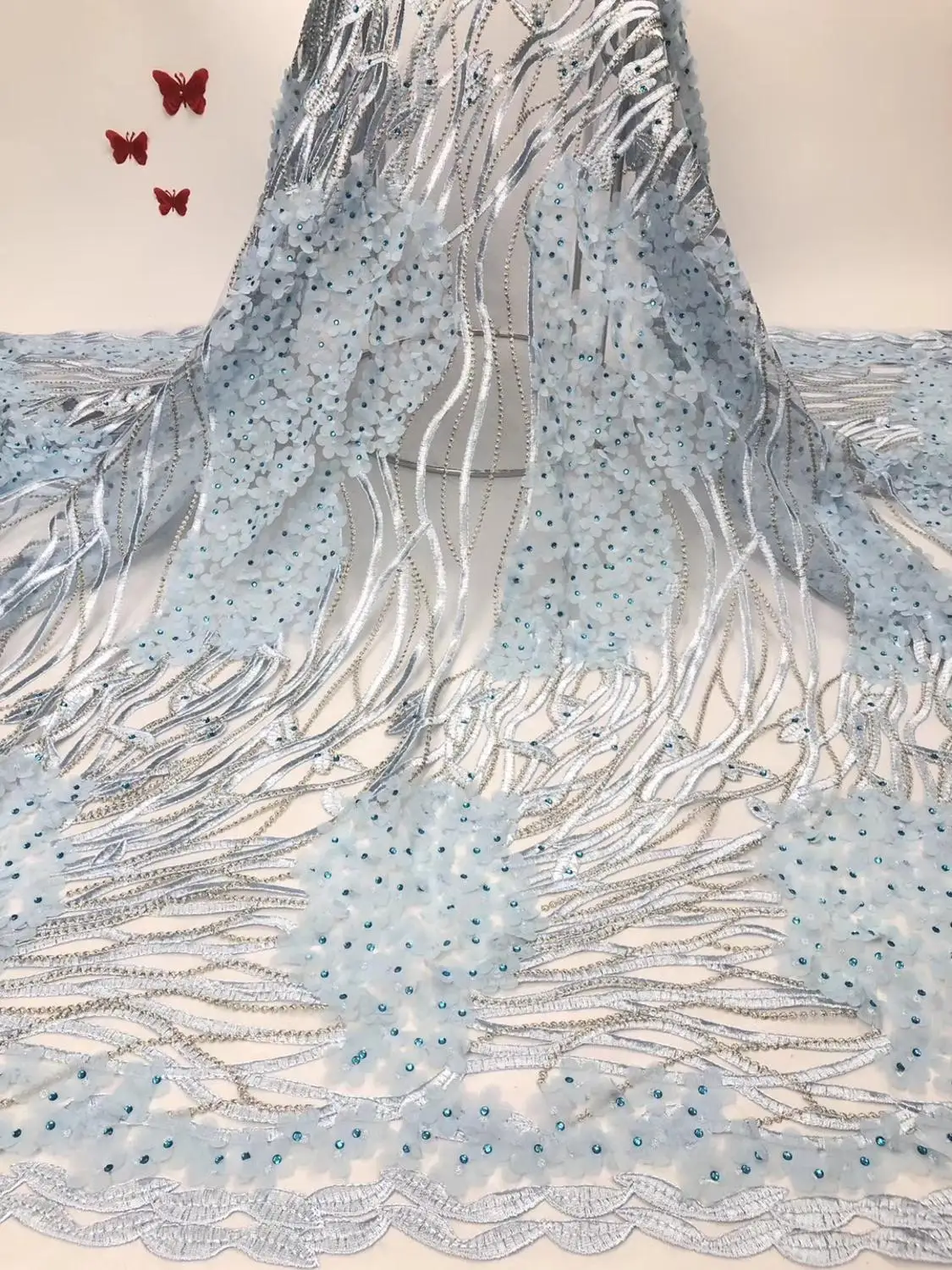 

beautiful appliqued French Tulle Lace Fabrics Nigerian 3D Appliqued Flowers Net Tulle Lace Fabric For wedding JIAJUN151