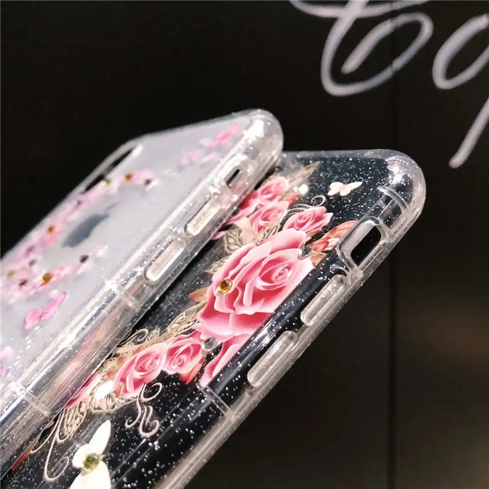Rose Flower Phone Case For iPhone X XS MAX XR 6 6S 7 8 Plus Cases Silicone TPU Soft Moon Luxury Bling Cover Funda |