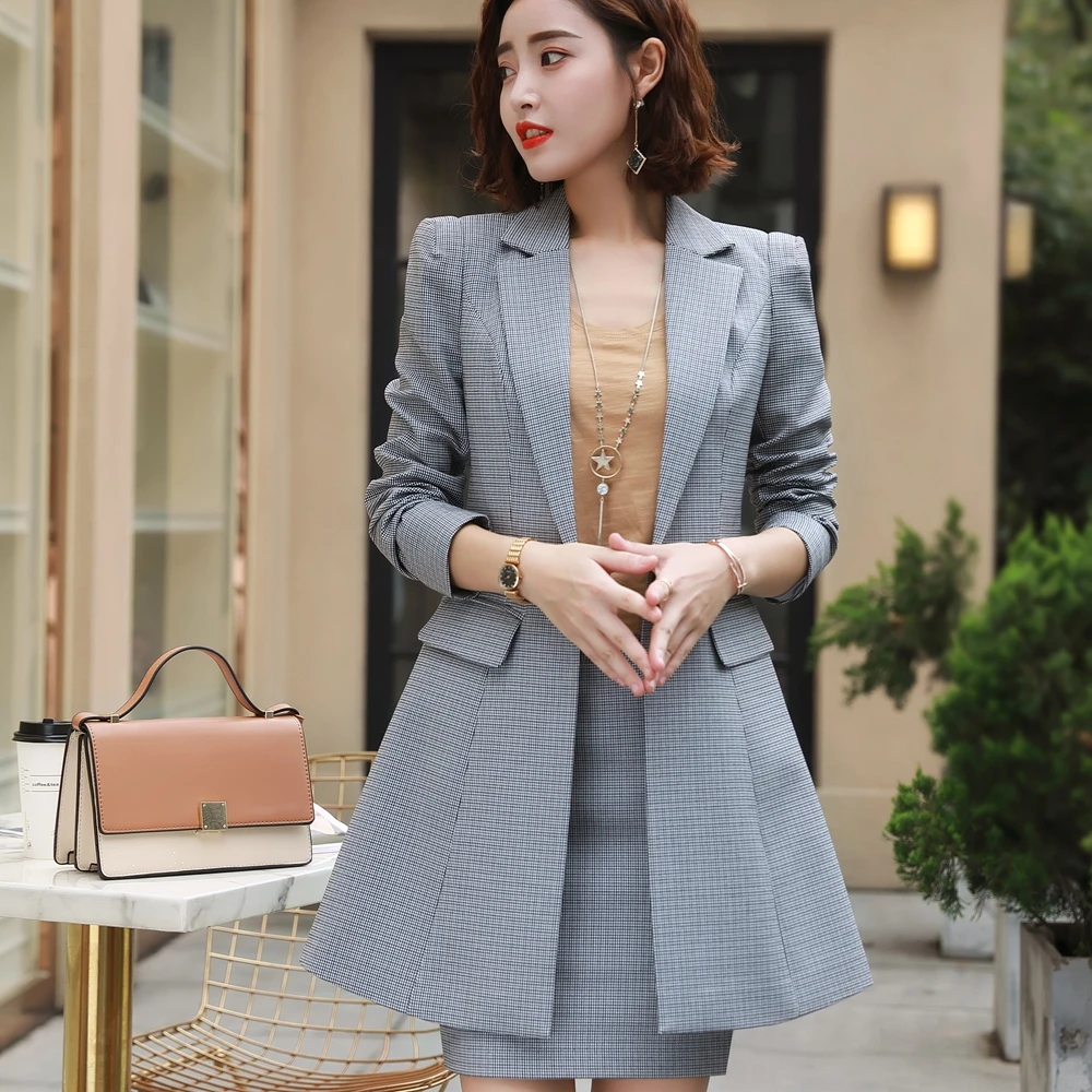 Fmasuth Ladies Office Outfits Autumn Spring Full Sleeve Plaid Jacket Skirt Suit for Women Costume XR18QYC9313 | Женская одежда