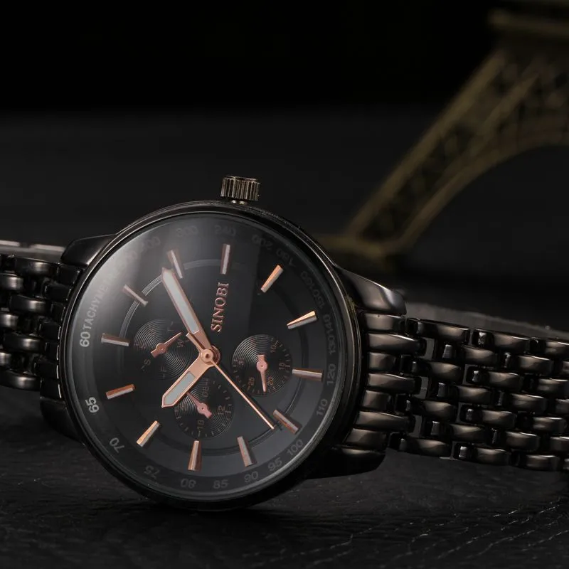 SINOBI кварцевые часы мужские черные s лучший бренд Роскошные полностью стальные