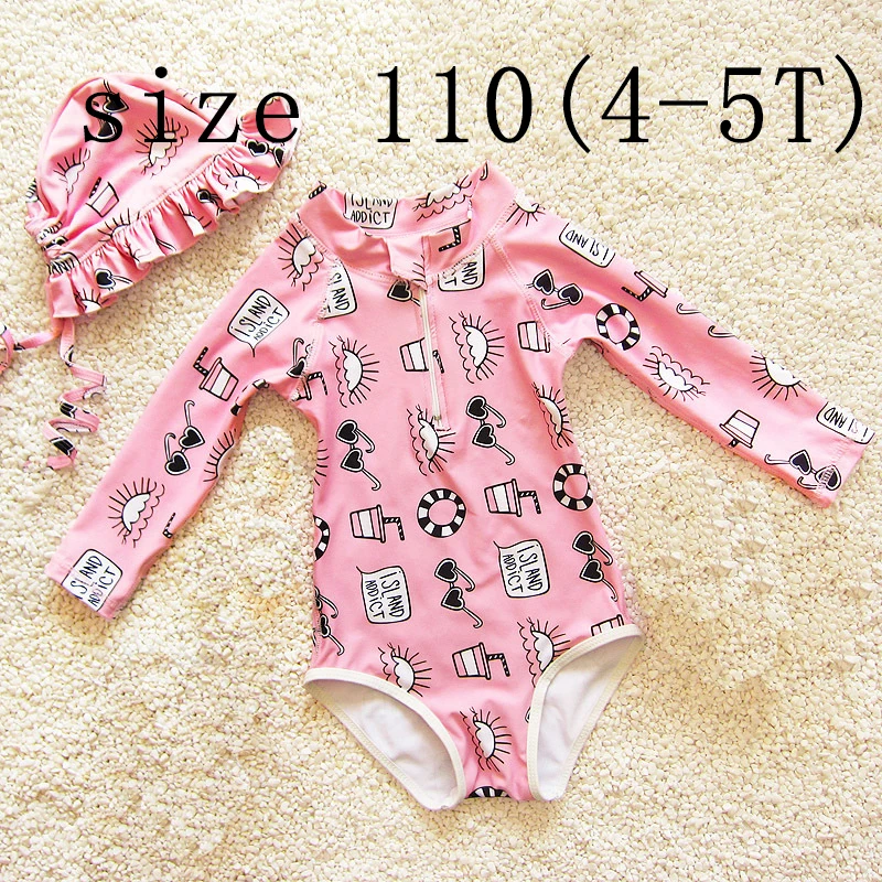 pink 110 Dollplus/Одежда для купания для девочек; летний купальный костюм с длинными рукавами и принтом для девочек; комплект из 2 предметов; пляжная одежда с рисунком для маленьких девочек; одежда для купания для маленьких девочек - Цвет: pink 110