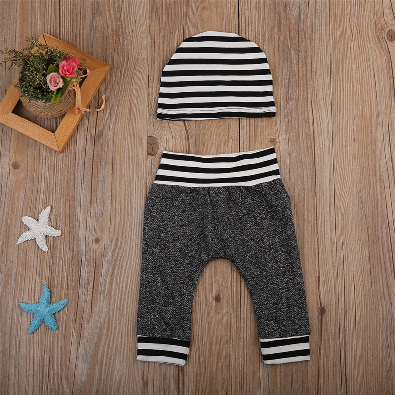 2PCS Toddler Newborn Infant Baby Girl Boy Outfit Cotton Striped Pants + Caps Fashion Clothes Outfits For Boys | Детская одежда и