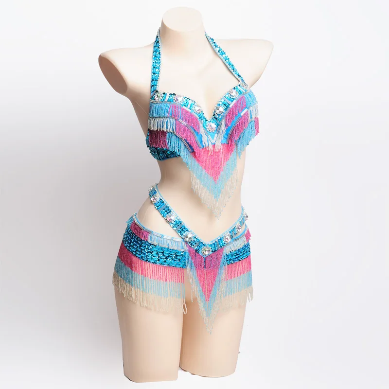 Light Blue Новые женские танец живота комплект костюм для танца живота сексуальная одежда ночь танец живота карнавальные Топы цепи бюстгальтер пояс Della181030 - Цвет: Light Blue