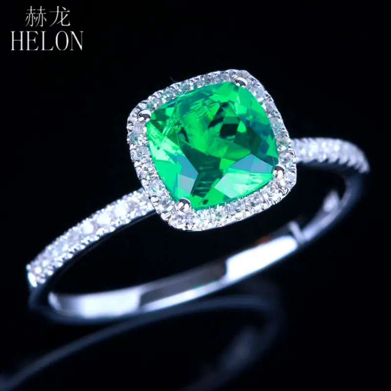 HELON 6x6 мм Подушка 0.8ct обработанный изумруд Твердые 10 к белые золотые бриллианты кольцо алмазное обручальное свадебное кольцо для женщин ювелирные изделия
