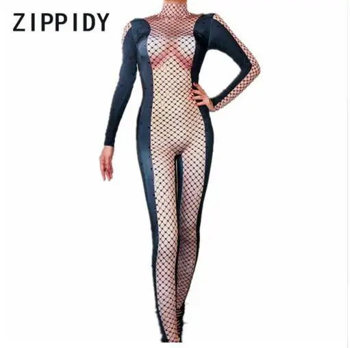 

Fashion Black Rhinestones Mesh Printed Sexy Nude Female Singer Bodysuit Nightclub Women's Birthday Party Stage Show Clothes