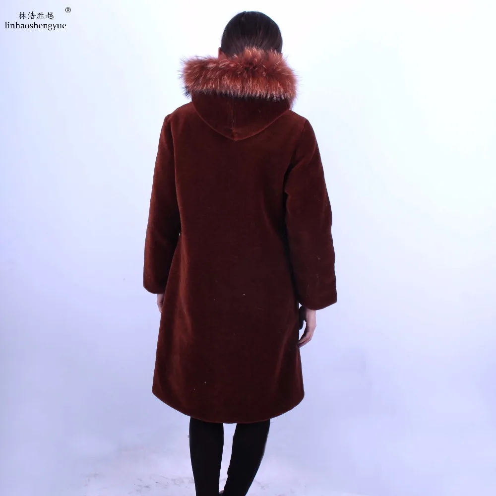 Linhaoshengyue  Women Long Sheep Coat High Quality Compound Sheepskin Coat