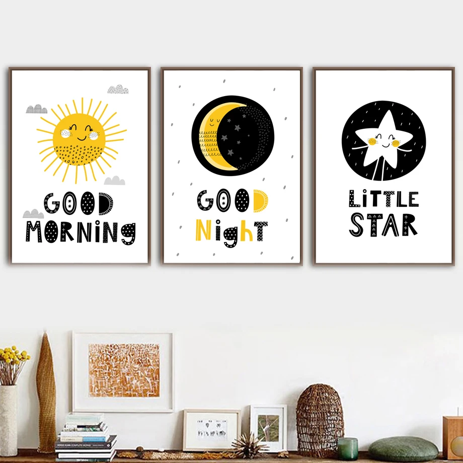 

Cartoon Sun Moon Little Star Quotes Wall Art Canvas Painting Nordic Posters And Prints Wall Pictures kids Room Nursery Decor