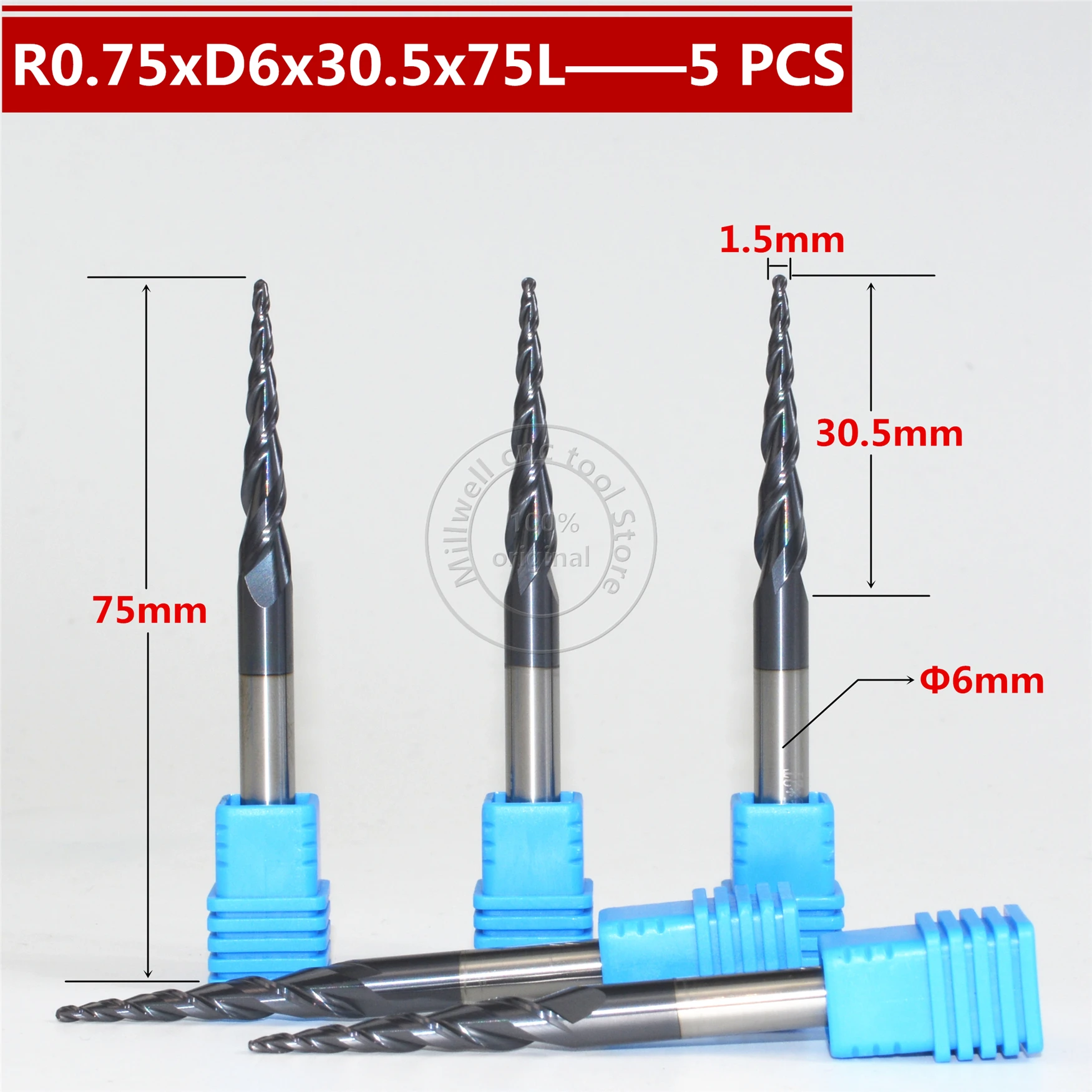 Бесплатная shipping 5PCS R0.75 * D6 30 5 75L 2F HRC55 твердосплавные конические концевые фрезы с