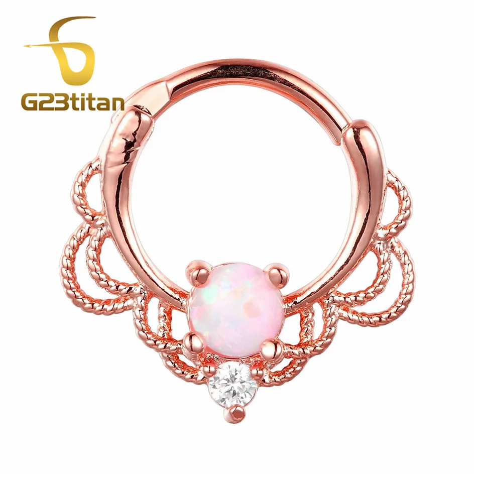 

G23titan Rose Gold Color Opal Septum Ring 16G Titanium Pole Natural Opal Stone Nose Piercing Rings Hot Men Women Body Jewelry