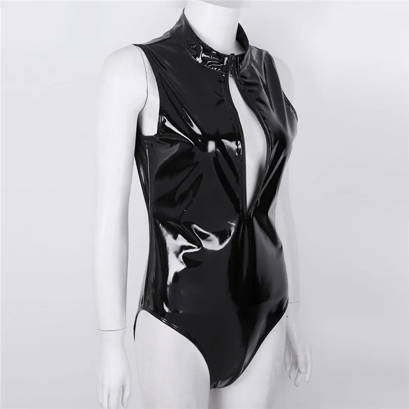 Женские с высокой посадкой Wetlook лакированная кожа Бюст молния трико Один кусок без рукавов боди Купальник комбинезон Клубная одежда боди
