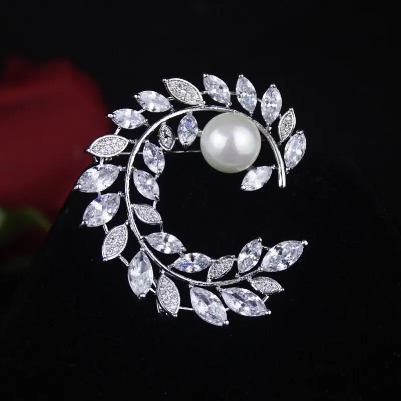 MxGxFam CZ Leaves and Pearl Brooches For Women AAA+ Cubic Zircon 18 k Yellow Gold Color | Украшения и аксессуары