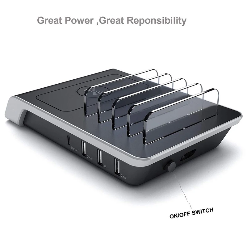 USB Charging Station 5-in-1 Multiple Charger Dock Organizer Stand with QI Wireless Pad for Phones/Tablets/Cameras | Мобильные