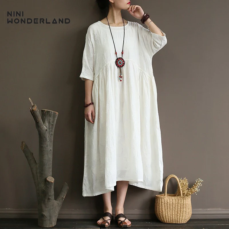 NINI WONDERLAND летнее свободное платье женское однотонное винтажное большого размера